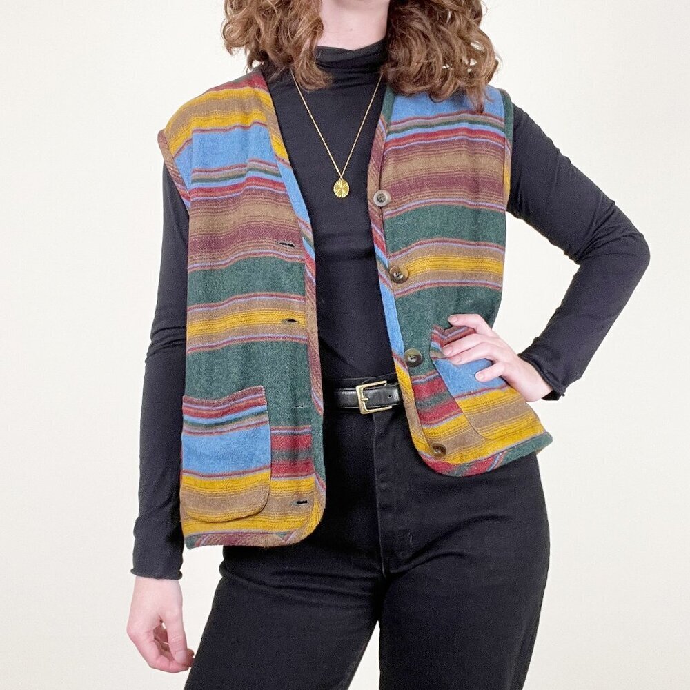 Vintage Striped Wool Oversized Sweater Vest Boho Western Rustic Bohemian Hippie